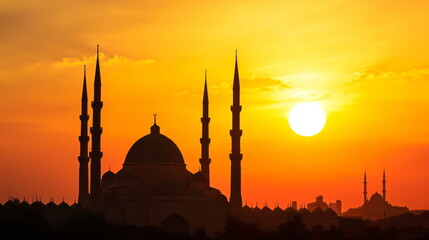Silhouette Majestic islamic Mosque in water, Golden Sunset reflection, Holy holiday
