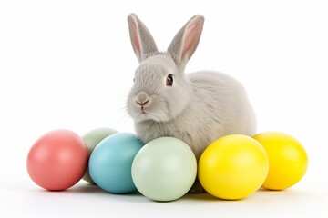 Fototapeta na wymiar Spring holiday celebration: bright bunny and festive colored eggs