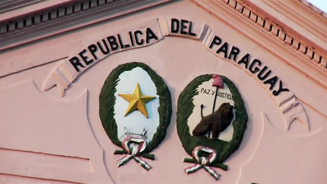 Sign at The Cabildo Museum, Former Parliament Building, Now a Cultural Centre in Historic Downtown, Asuncion, Paraguay. 4K.