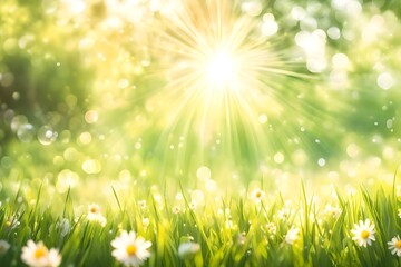Fototapeta na wymiar Soft defocused spring background with a sunburst and bokeh over lush green grass