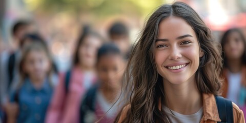 Fototapeta premium Young brunette cheerful female teacher or trainee student young woman smiling at camera with toothy smile on blight sunny day with children walking behind her