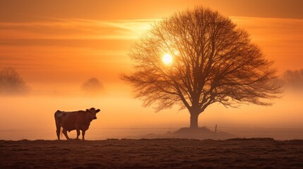 a cow standing in a field in front of a tree with the sun shining through the fog in the background.