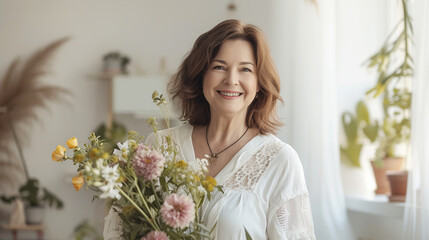 A middle-aged Caucasian woman beaming with happiness holds bright bouquet of flowers in bright room. Festive concept spring holidays