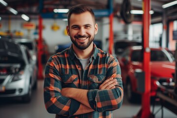Smiling portrait of a male car mechanic at a car service station
