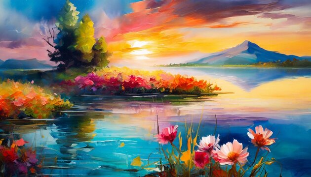 Painting of mountain peak, river or lake, blooming nature, pink flowers. Beautiful natural landscape.