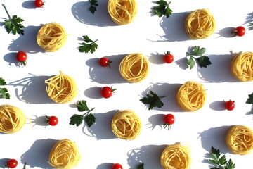 Texture of pasta in the form of a nest on a white background.