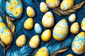 Easter Card . Eggs Feathers Background - Yellow and White Eggs on Blue Plumes - Powered by Adobe