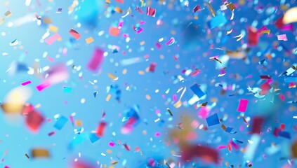 Fototapeta premium Blue background with flying confetti. The concept of joy and celebration.