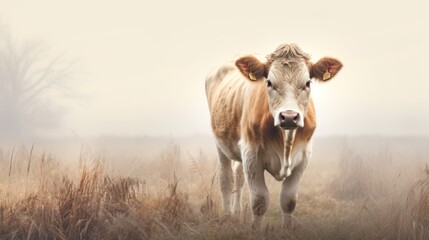 a brown and white cow standing middle of a grass covered field on a foggy day with trees background.