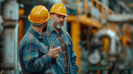 Engineer consulting with the foreman in a modern industrial factory, discussing new production projects or investments. Team management in a manufacturing facility