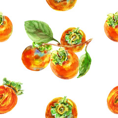 Pattern of persimmon orange fruit with leaves. Watercolor hand-drawn elements. Isolated on white background. Delicious fruit clip-art illustration. Used on labels, napkins, towels, tableware, package