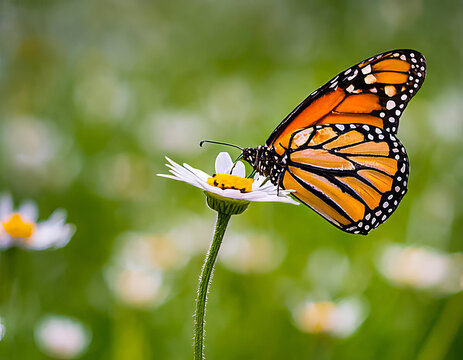 Close up of magnificent endangered Monarch butterfly resting on a daisy. 