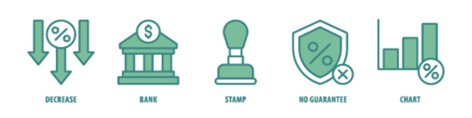 Chart, No Guarantee, Stamp, Bank Decrease editable stroke outline icons set isolated on white background flat vector illustration.