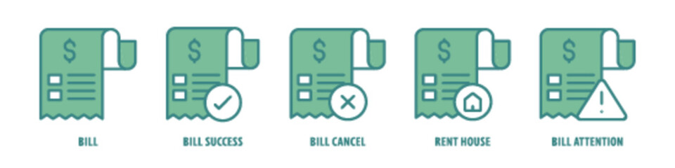 Rent house, Bill Cancel, Bill Success, Bill editable stroke outline icons set isolated on white background flat vector illustration.