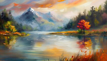 Oil painting of mountains, river, green and orange trees. Beautiful natural landscape. © hardvicore
