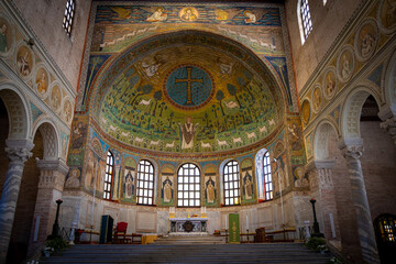 Interior of Basilica of Sant’Apollinare in Classe, which has important examples of early Christian Byzantine art and architecture. Ravenna, Emilia Romagna, Italy, Europe.