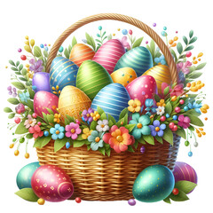 Fototapeta na wymiar Realistic Beautiful Easter Basket Full of Eggs And Decorative Flowers, Easter Decor PNG Clipart