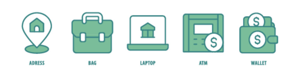 Wallet, ATM, Laptop, Bag, Address editable stroke outline icons set isolated on white background flat vector illustration.
