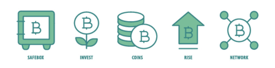 Network, Rise, Coins, Invest, Safebox editable stroke outline icons set isolated on white background flat vector illustration.
