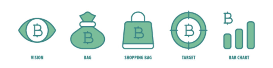 Bar Chart, Target, Shopping bag, Bag, Vision editable stroke outline icons set isolated on white background flat vector illustration.