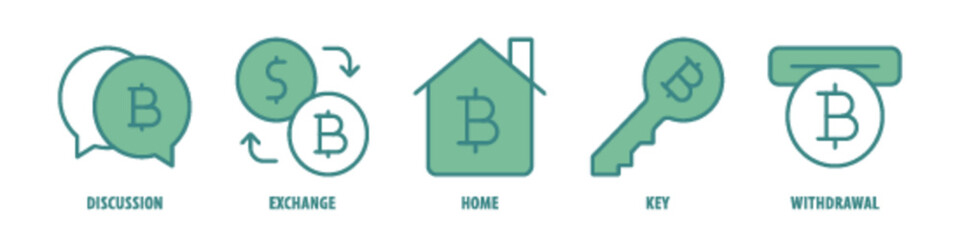 Withdrawal, Key, Home, Exchange, Discussion editable stroke outline icons set isolated on white background flat vector illustration.