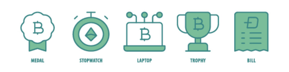 Bill, Trophy, Laptop, Stopwatch, Medal editable stroke outline icons set isolated on white background flat vector illustration.