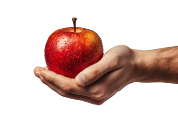 A person holds a ripe apple in their hand, showcasing the texture and color of the fruit. Isolated.
