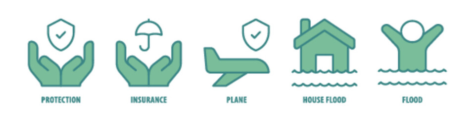 Flood, House Flood, Plane, Insurance, Protection editable stroke outline icons set isolated on white background flat vector illustration.