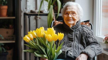 Joyful elderly woman with bouquet of tulips, radiating happiness warmth. Mother's Day, March 8, Senior Citizens' Day