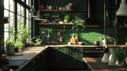 a kitchen lots of green cupboards and a counter topped with pots and pans plants.