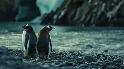 a couple of penguins standing next to each other on a pebble covered beach with a waterfall in the background.