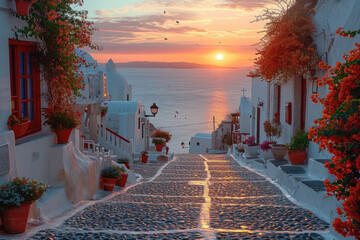 Una vista de Santorini temprano en la mañana, con el sol saliendo sobre el horizonte - obrazy, fototapety, plakaty
