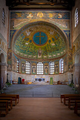 Interior of Basilica of Sant’Apollinare in Classe, which has important examples of early Christian Byzantine art and architecture. Ravenna, Emilia Romagna, Italy, Europe.