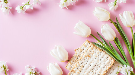 Matzo and white tulips on a pink background, symbolizing spring and freedom. Religious Jewish Passover concept