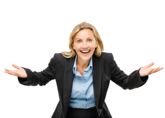 Happy, woman and question with doubt in portrait or shrug on transparent, isolated or png background. Professional, choice and person in finance smile and balance decision or opinion on investment