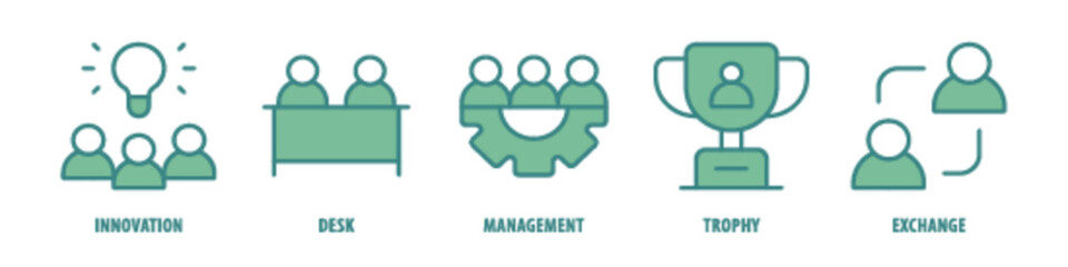 Exchange, Trophy, Management, Desk, Innovation editable stroke outline icons set isolated on white background flat vector illustration.