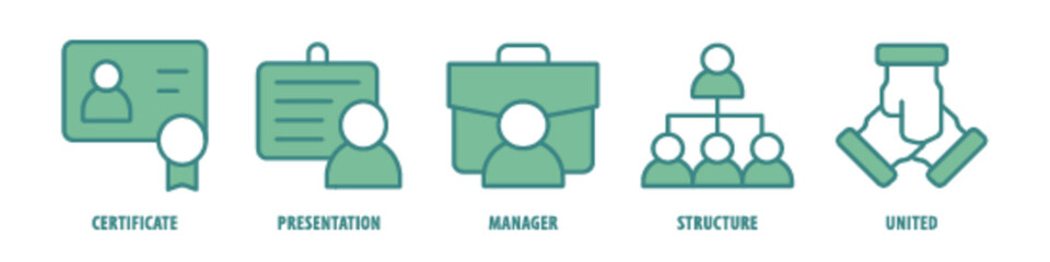 United, Structure, Manager, Presentation, Certificate editable stroke outline icons set isolated on white background flat vector illustration.