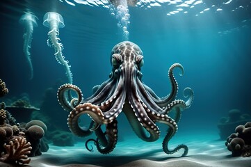 Fototapeta premium Big and scary octopus underwater in the ocean, sea.