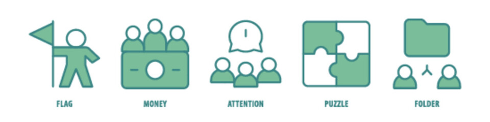 Folder, Puzzle, Attention, Money, Flag editable stroke outline icons set isolated on white background flat vector illustration.