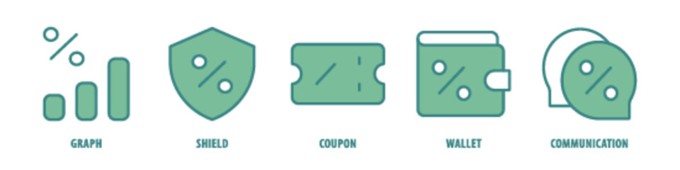 Communication, Wallet, Coupon, Shield, Graph editable stroke outline icons set isolated on white background flat vector illustration.