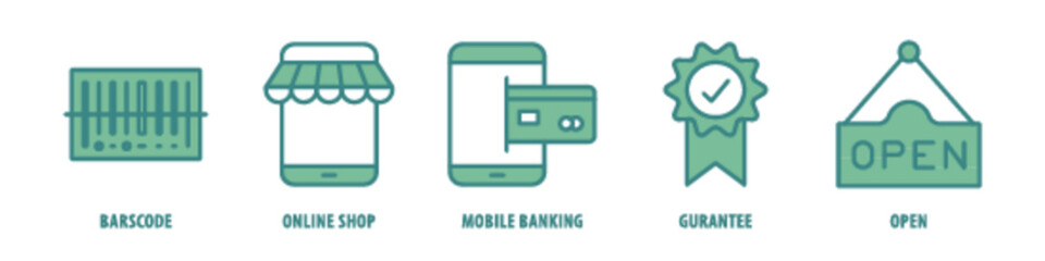 Open, Guarantee, Mobile Banking, Online Shop, Barcode editable stroke outline icons set isolated on white background flat vector illustration.