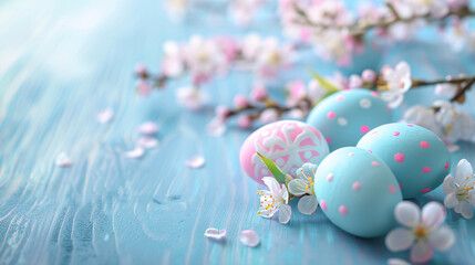 Fototapeta na wymiar easter eggs on blue background with copy space area 