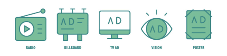 Poster, Vision, TV ad, Billboard, Radio editable stroke outline icons set isolated on white background flat vector illustration.