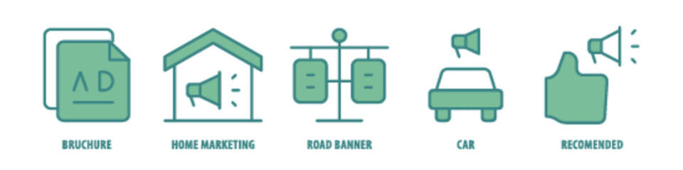 Recommended, Car, Road Banner, Home Marketing, Brochure editable stroke outline icons set isolated on white background flat vector illustration.