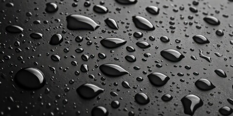 Raindrops delicately pattern on a pristine soft black glass, each drop creating a unique, tranquil pattern