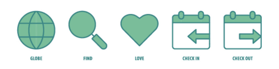 Check out, Check in, Love, Find, Globe editable stroke outline icons set isolated on white background flat vector illustration.