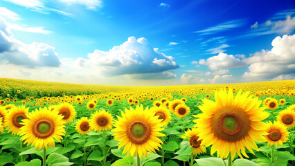 Obraz premium Sunflower field with blue sky. Created with generative AI