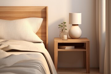 A comfortable bed with a sturdy wooden headboard and a nightstand, providing a practical and stylish sleeping space.