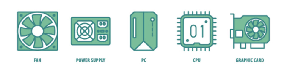 Graphic Card, CPU, PC, Power Supply, Fan editable stroke outline icons set isolated on white background flat vector illustration.