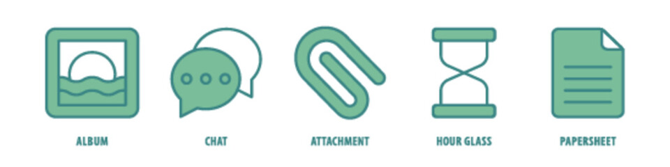 Paper, Sheet, Hourglass, Attachment, Chat, Album editable stroke outline icons set isolated on white background flat vector illustration.